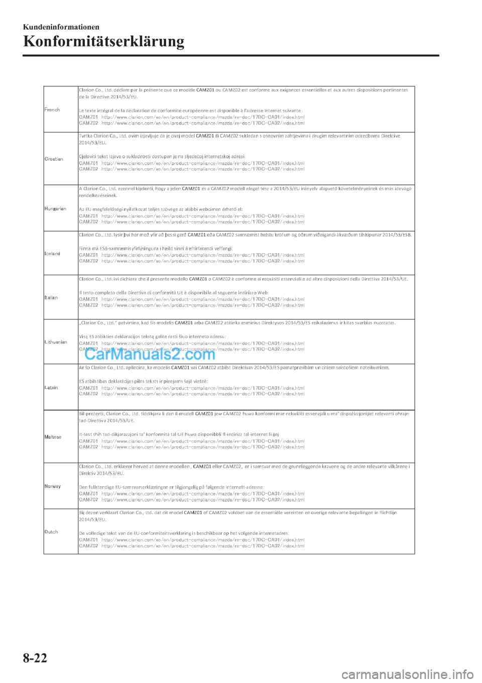 MAZDA MODEL 2 2019  Betriebsanleitung (in German) �.�X�Q�G�H�Q�L�Q�I�R�U�P�D�W�L�R�Q�H�Q
�.�R�Q�I�R�U�P�L�W�l�W�V�H�U�N�O�l�U�X�Q�J
����  