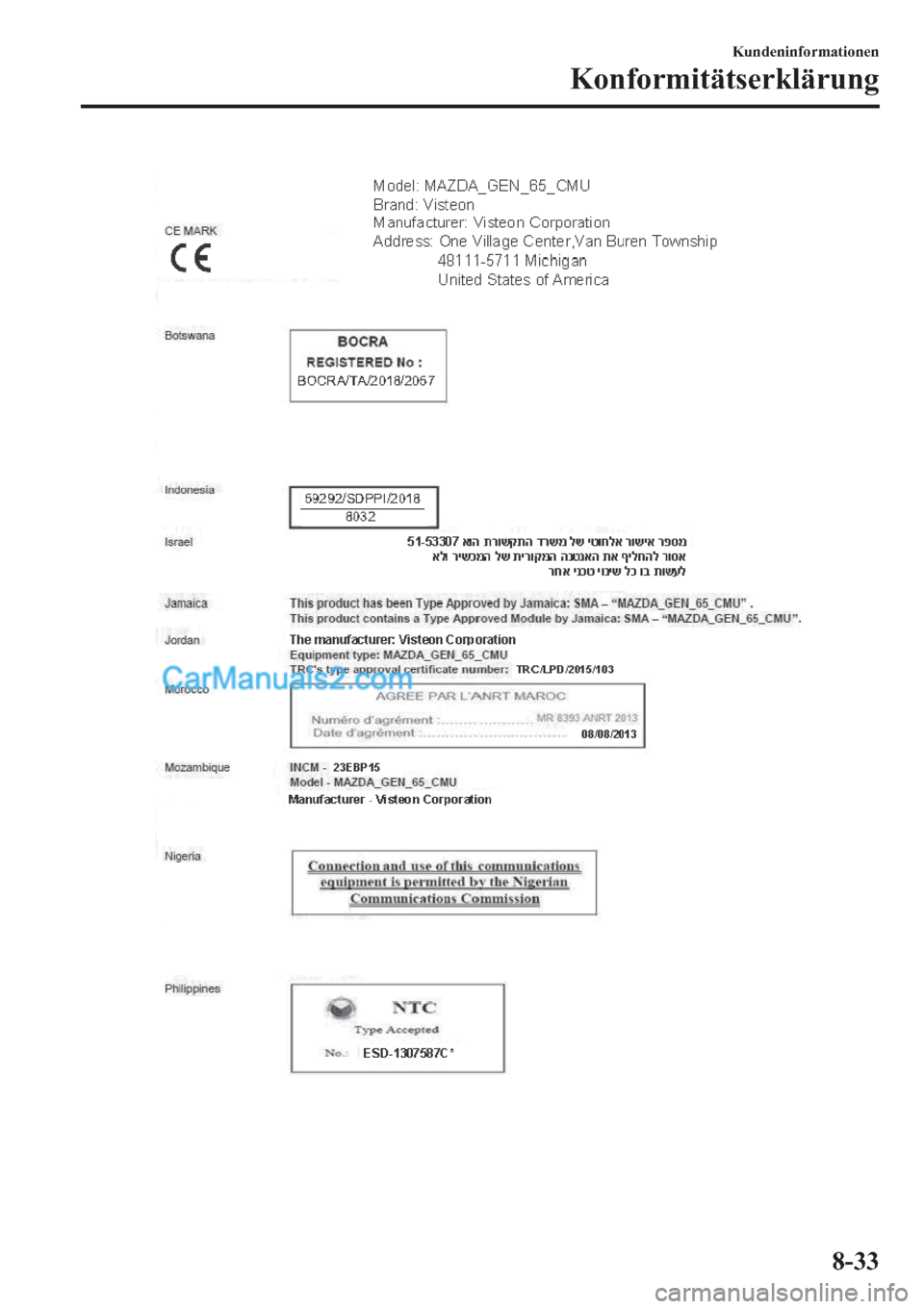 MAZDA MODEL 2 2019  Betriebsanleitung (in German) �.�X�Q�G�H�Q�L�Q�I�R�U�P�D�W�L�R�Q�H�Q
�.�R�Q�I�R�U�P�L�W�l�W�V�H�U�N�O�l�U�X�Q�J
����  