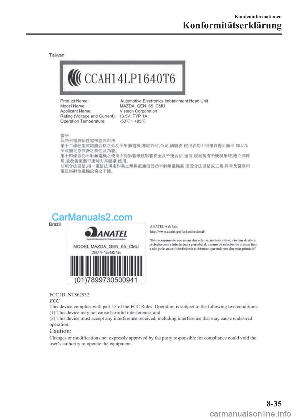 MAZDA MODEL 2 2019  Betriebsanleitung (in German) �.�X�Q�G�H�Q�L�Q�I�R�U�P�D�W�L�R�Q�H�Q
�.�R�Q�I�R�U�P�L�W�l�W�V�H�U�N�O�l�U�X�Q�J
����  