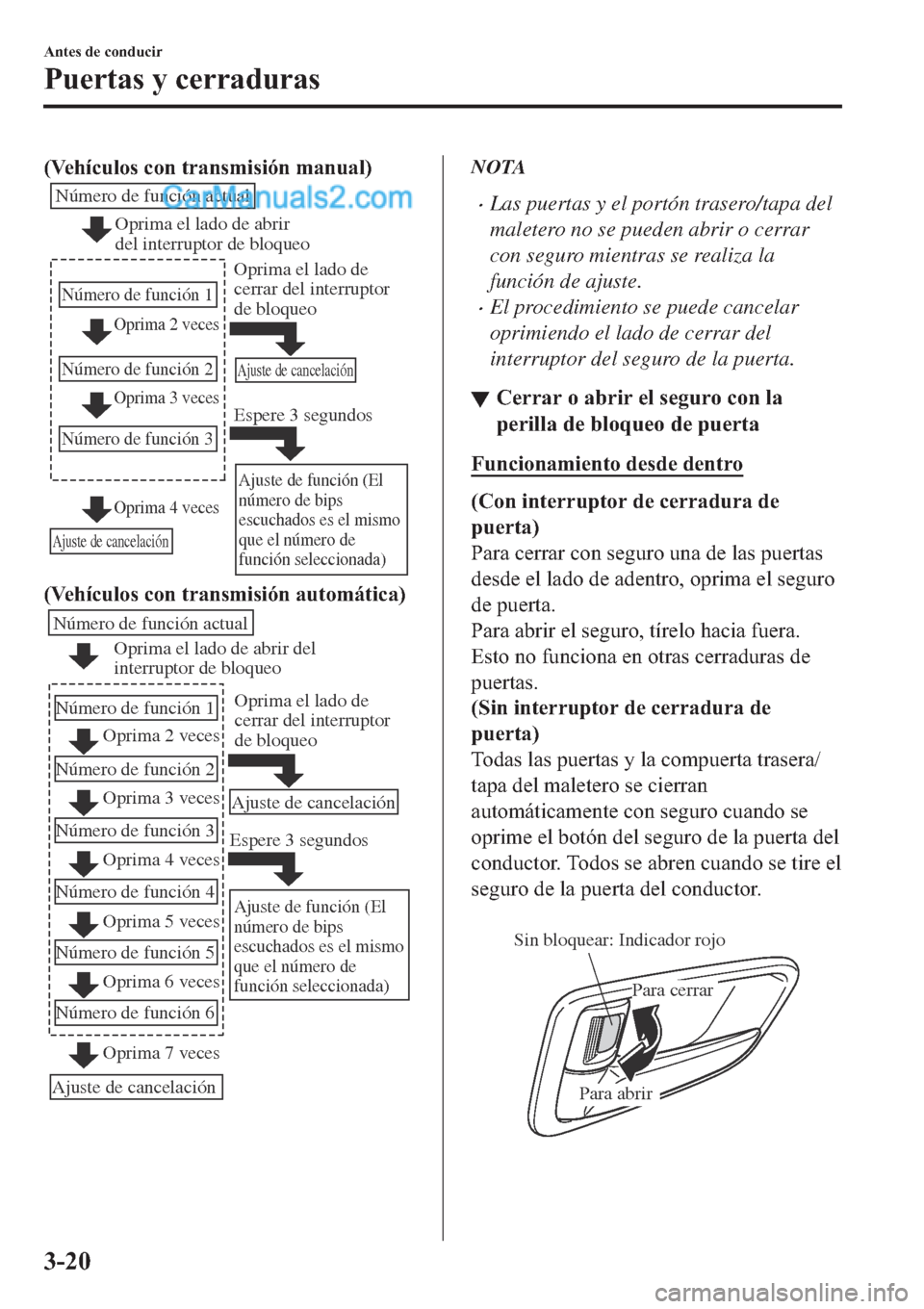 MAZDA MODEL 2 2019  Manual del propietario (in Spanish) ��9�H�K�t�F�X�O�R�V��F�R�Q��W�U�D�Q�V�P�L�V�L�y�Q��P�D�Q�X�D�O�
Oprima 2 veces
Oprima 3 veces
Número de función actual 
Número de función 1
Número de función 2
Número de función 3
Oprima 