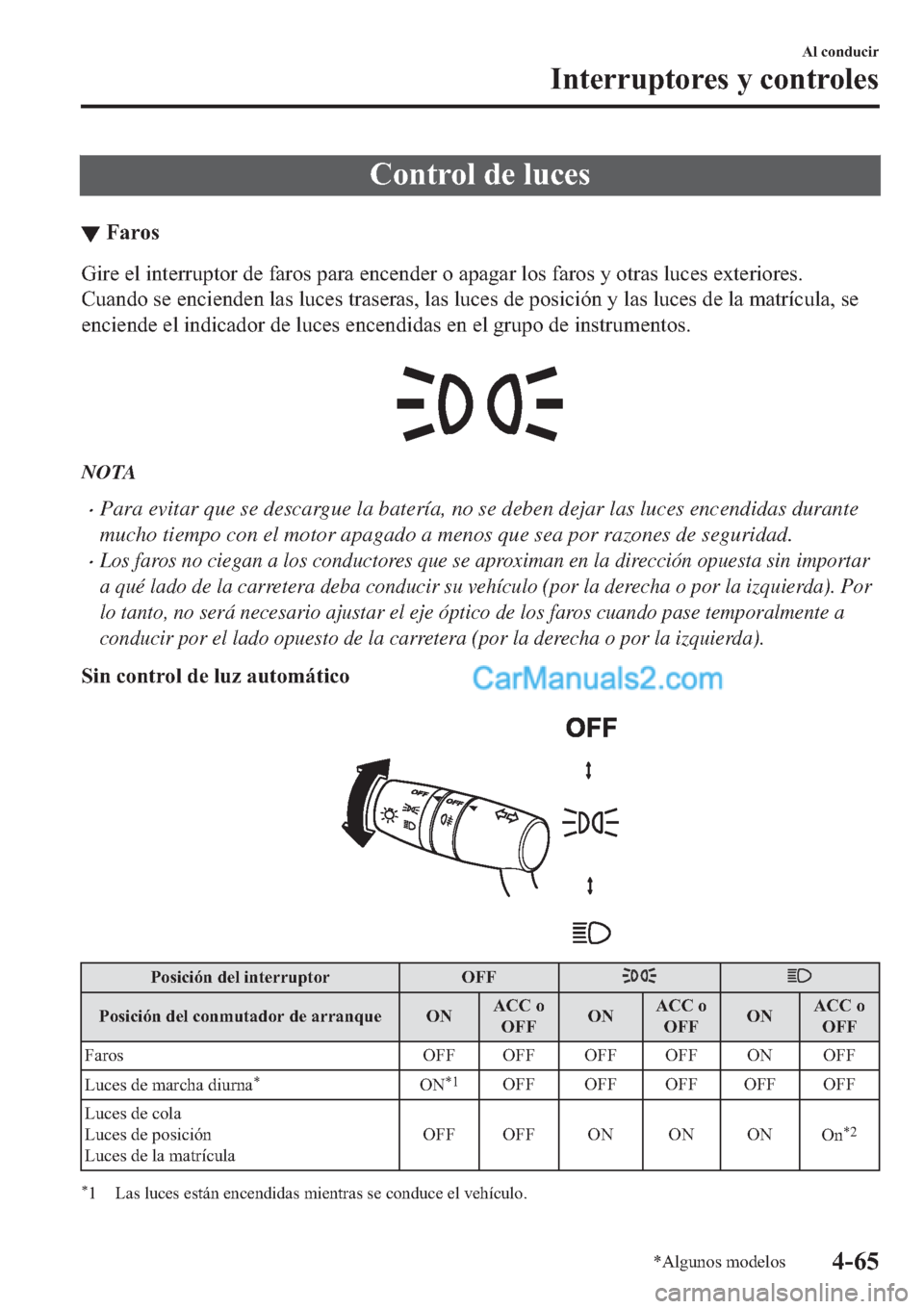 MAZDA MODEL 2 2019  Manual del propietario (in Spanish) �&�R�Q�W�U�R�O��G�H��O�X�F�H�V
▼�)�D�U�R�V
�*�L�U�H��H�O��L�Q�W�H�U�U�X�S�W�R�U��G�H��I�D�U�R�V��S�D�U�D��H�Q�F�H�Q�G�H�U��R��D�S�D�J�D�U��O�R�V��I�D�U�R�V��\��R�W�U�D�V��O�X�F�H�V��