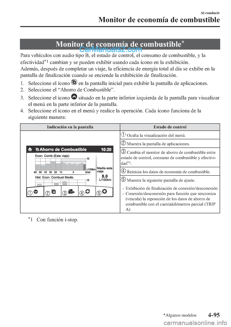 MAZDA MODEL 2 2019  Manual del propietario (in Spanish) �0�R�Q�L�W�R�U��G�H��H�F�R�Q�R�P�t�D��G�H��F�R�P�E�X�V�W�L�E�O�H�
�3�D�U�D��Y�H�K�t�F�X�O�R�V��F�R�Q��D�X�G�L�R��W�L�S�R��%���H�O��H�V�W�D�G�R��G�H��F�R�Q�W�U�R�O���H�O��F�R�Q�V�X�P�