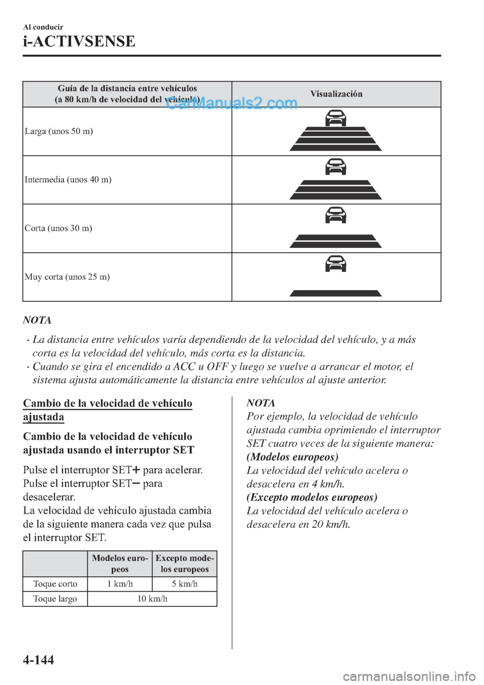 MAZDA MODEL 2 2019  Manual del propietario (in Spanish) �*�X�t�D��G�H��O�D��G�L�V�W�D�Q�F�L�D��H�Q�W�U�H��Y�H�K�t�F�X�O�R�V
��D�����N�P��K��G�H��Y�H�O�R�F�L�G�D�G��G�H�O��Y�H�K�t�F�X�O�R��9�L�V�X�D�O�L�]�D�F�L�y�Q
�/�D�U�J�D���X�Q�R�V��
