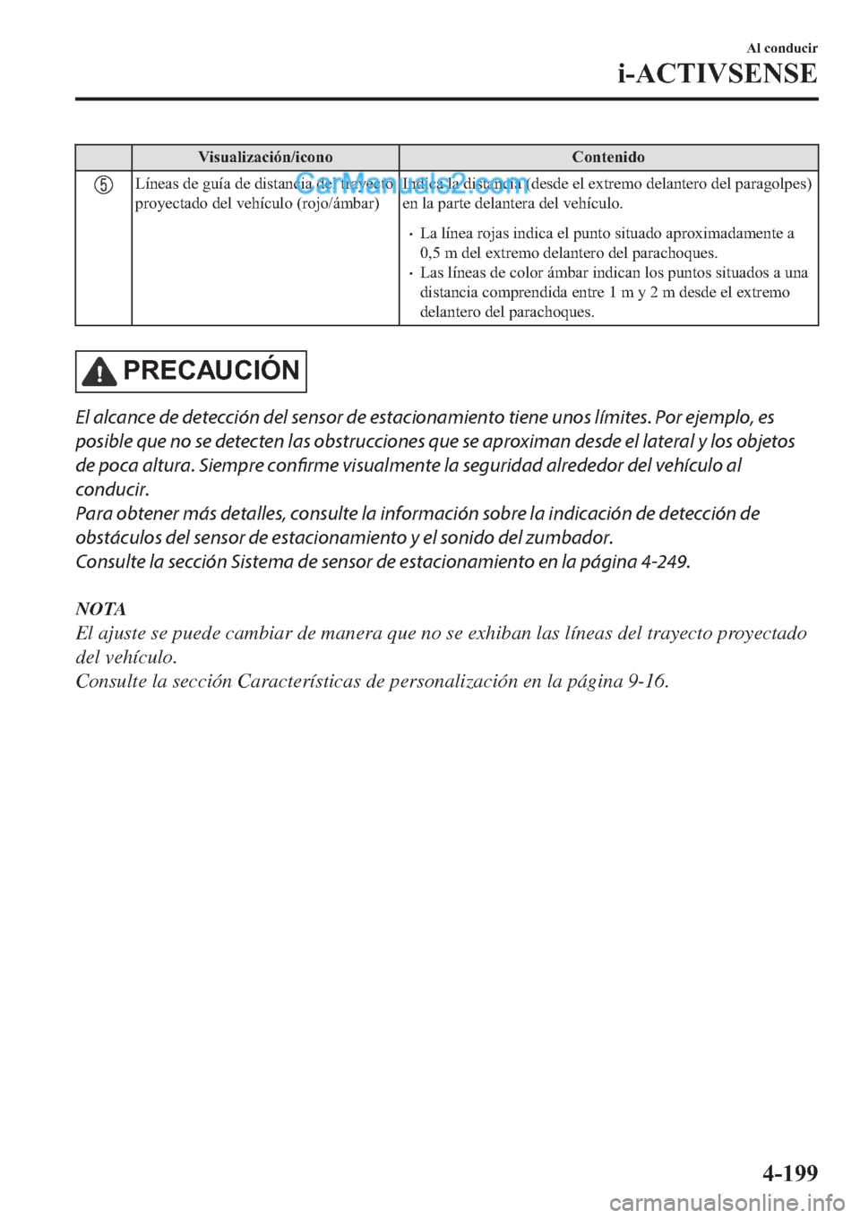 MAZDA MODEL 2 2019  Manual del propietario (in Spanish) �9�L�V�X�D�O�L�]�D�F�L�y�Q��L�F�R�Q�R �&�R�Q�W�H�Q�L�G�R
�/�t�Q�H�D�V��G�H��J�X�t�D��G�H��G�L�V�W�D�Q�F�L�D��G�H�O��W�U�D�\�H�F�W�R
�S�U�R�\�H�F�W�D�G�R��G�H�O��Y�H�K�t�F�X�O�R���U�R�M�R��