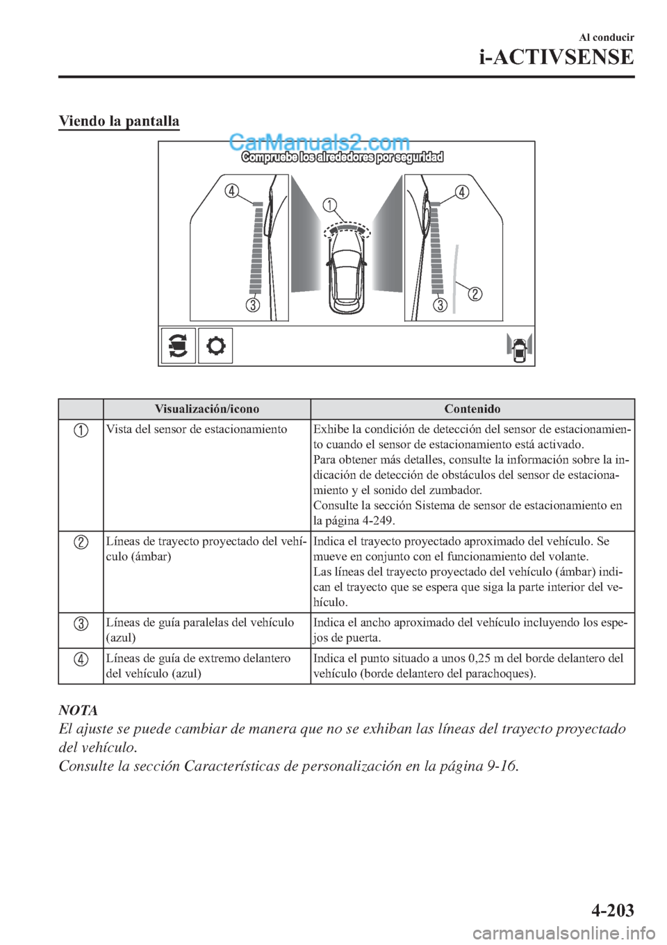 MAZDA MODEL 2 2019  Manual del propietario (in Spanish) �9�L�H�Q�G�R��O�D��S�D�Q�W�D�O�O�D
�
�9�L�V�X�D�O�L�]�D�F�L�y�Q��L�F�R�Q�R �&�R�Q�W�H�Q�L�G�R
�9�L�V�W�D��G�H�O��V�H�Q�V�R�U��G�H��H�V�W�D�F�L�R�Q�D�P�L�H�Q�W�R �(�[�K�L�E�H��O�D��F�R�Q�G�L�