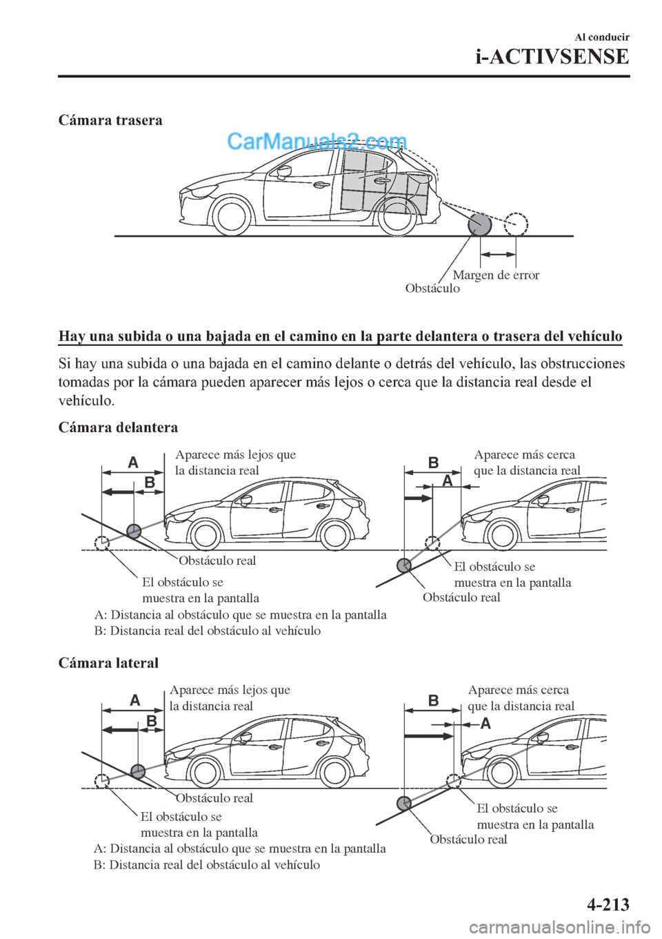 MAZDA MODEL 2 2019  Manual del propietario (in Spanish) �&�i�P�D�U�D��W�U�D�V�H�U�D
ObstáculoMargen de error
�
�+�D�\��X�Q�D��V�X�E�L�G�D��R��X�Q�D��E�D�M�D�G�D��H�Q��H�O��F�D�P�L�Q�R��H�Q��O�D��S�D�U�W�H��G�H�O�D�Q�W�H�U�D��R��W�U�D�V�H�U