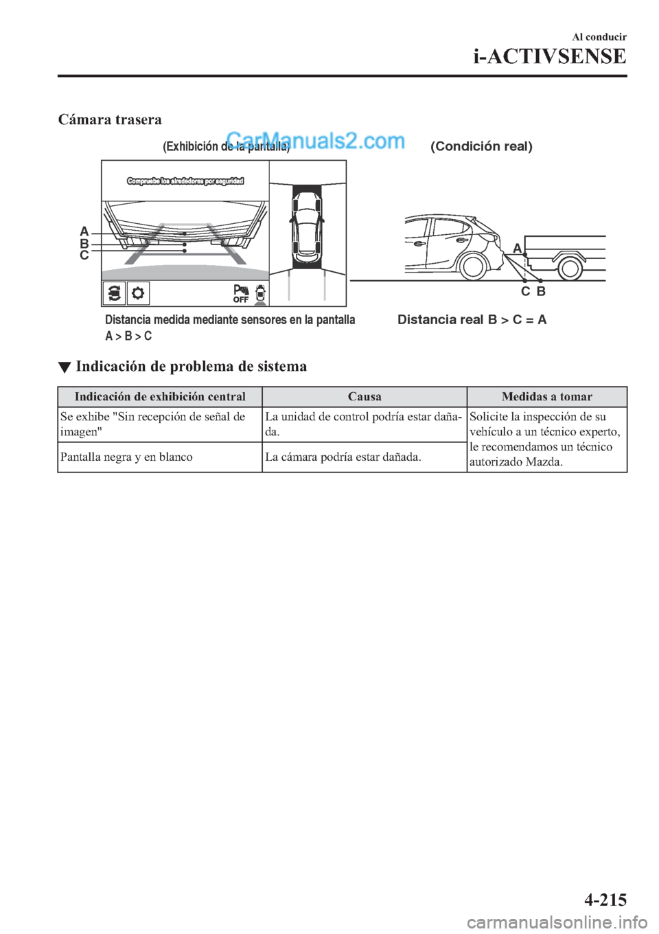 MAZDA MODEL 2 2019  Manual del propietario (in Spanish) �&�i�P�D�U�D��W�U�D�V�H�U�D
(Condición real)
Distancia medida mediante sensores en la pantalla 
A > B > CDistancia real B > C = AA A
B B
C C
(Exhibición de la pantalla)
▼▼�,�Q�G�L�F�D�F�L�y�Q�