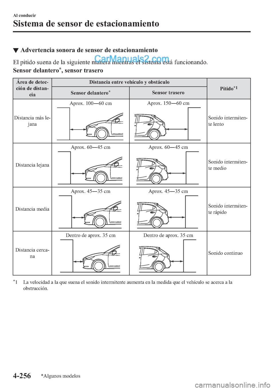MAZDA MODEL 2 2019  Manual del propietario (in Spanish) ▼�$�G�Y�H�U�W�H�Q�F�L�D��V�R�Q�R�U�D��G�H��V�H�Q�V�R�U��G�H��H�V�W�D�F�L�R�Q�D�P�L�H�Q�W�R
�(�O��S�L�W�L�G�R��V�X�H�Q�D��G�H��O�D��V�L�J�X�L�H�Q�W�H��P�D�Q�H�U�D��P�L�H�Q�W�U�D�V��H�O�