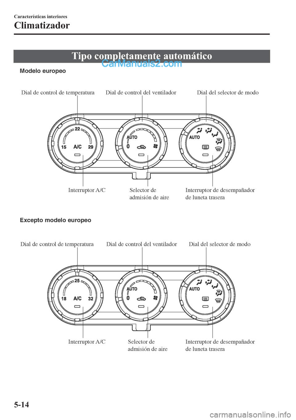 MAZDA MODEL 2 2019  Manual del propietario (in Spanish) �7�L�S�R��F�R�P�S�O�H�W�D�P�H�Q�W�H��D�X�W�R�P�i�W�L�F�R
Dial de control de temperatura Dial de control del ventilador Dial del selector de modo
Interruptor A/C Selector  de 
admisión de aireInterr