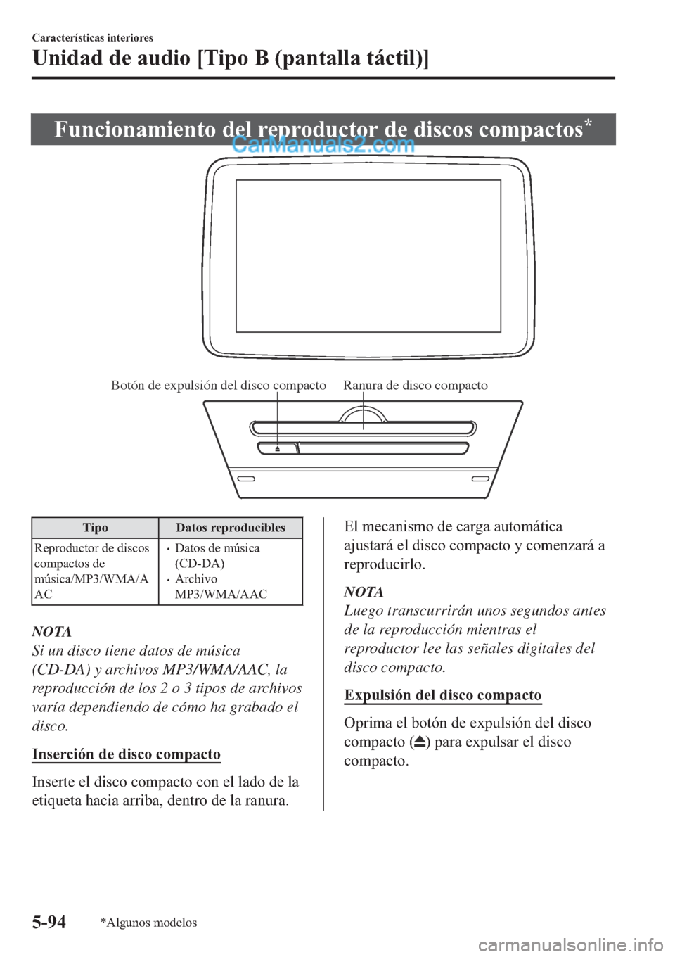 MAZDA MODEL 2 2019  Manual del propietario (in Spanish) �)�X�Q�F�L�R�Q�D�P�L�H�Q�W�R��G�H�O��U�H�S�U�R�G�X�F�W�R�U��G�H��G�L�V�F�R�V��F�R�P�S�D�F�W�R�V�
Ranura de disco compacto Botón de expulsión del disco compacto
�7�L�S�R ��D�W�R�V��U�H�S�U�R�