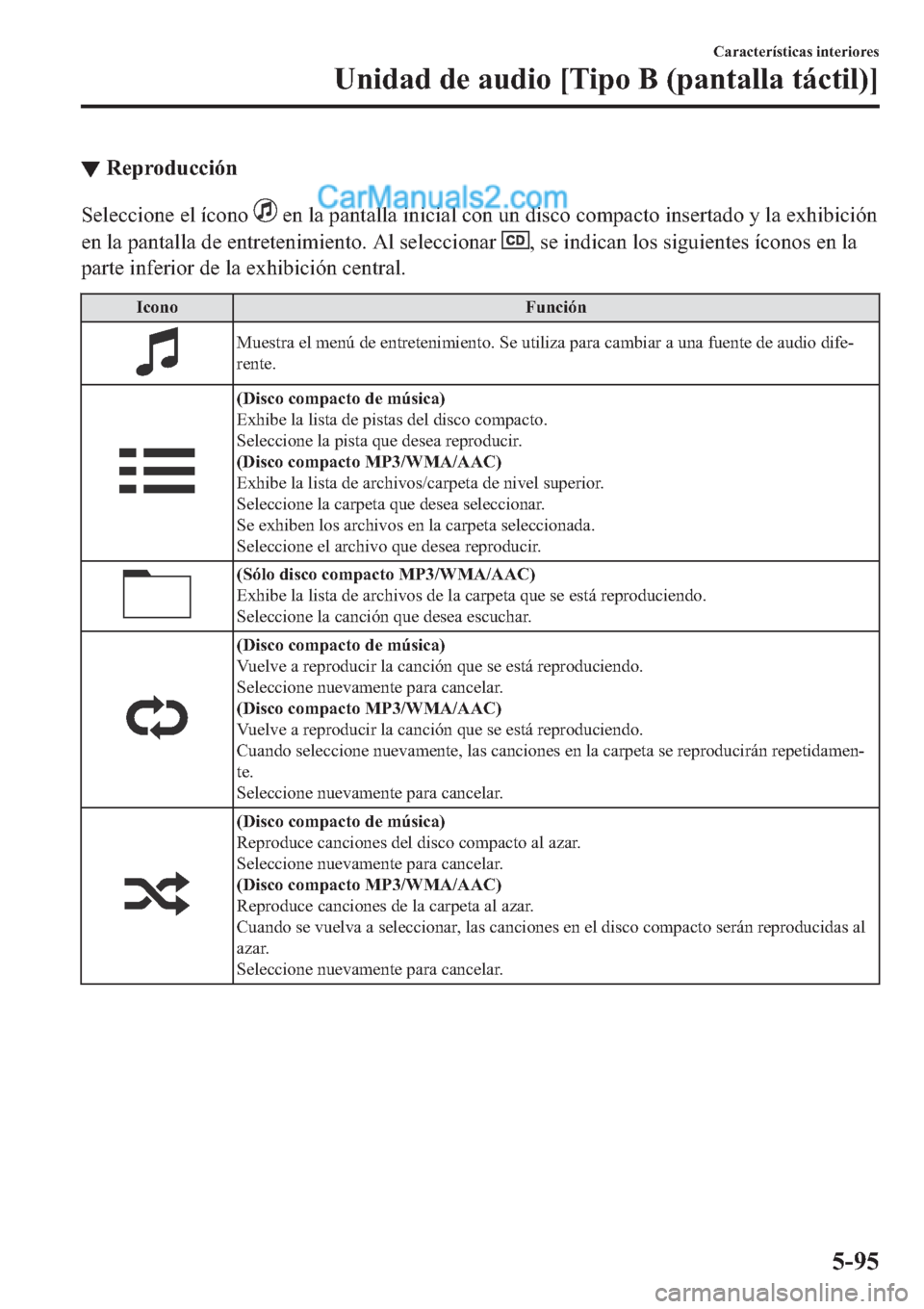 MAZDA MODEL 2 2019  Manual del propietario (in Spanish) ▼�5�H�S�U�R�G�X�F�F�L�y�Q
�6�H�O�H�F�F�L�R�Q�H��H�O��t�F�R�Q�R���H�Q��O�D��S�D�Q�W�D�O�O�D��L�Q�L�F�L�D�O��F�R�Q��X�Q��G�L�V�F�R��F�R�P�S�D�F�W�R��L�Q�V�H�U�W�D�G�R��\��O�D��H�[�K�L�E