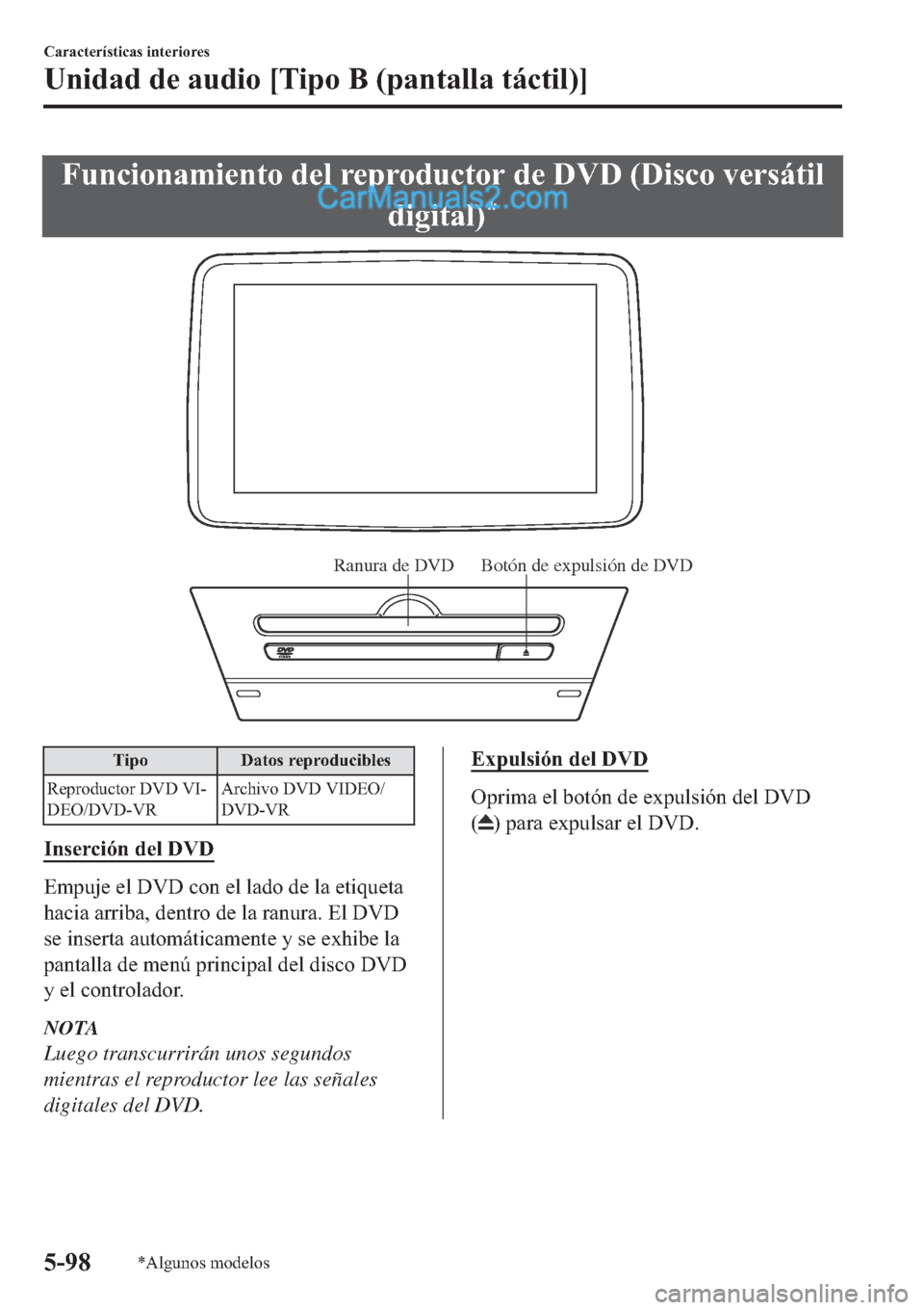MAZDA MODEL 2 2019  Manual del propietario (in Spanish) �)�X�Q�F�L�R�Q�D�P�L�H�Q�W�R��G�H�O��U�H�S�U�R�G�X�F�W�R�U��G�H���9�����L�V�F�R��Y�H�U�V�i�W�L�O
�G�L�J�L�W�D�O�
�
Ranura de DVD Botón de expulsión de DVD
�7�L�S�R ��D�W�R�V��U�H�S�U�R
