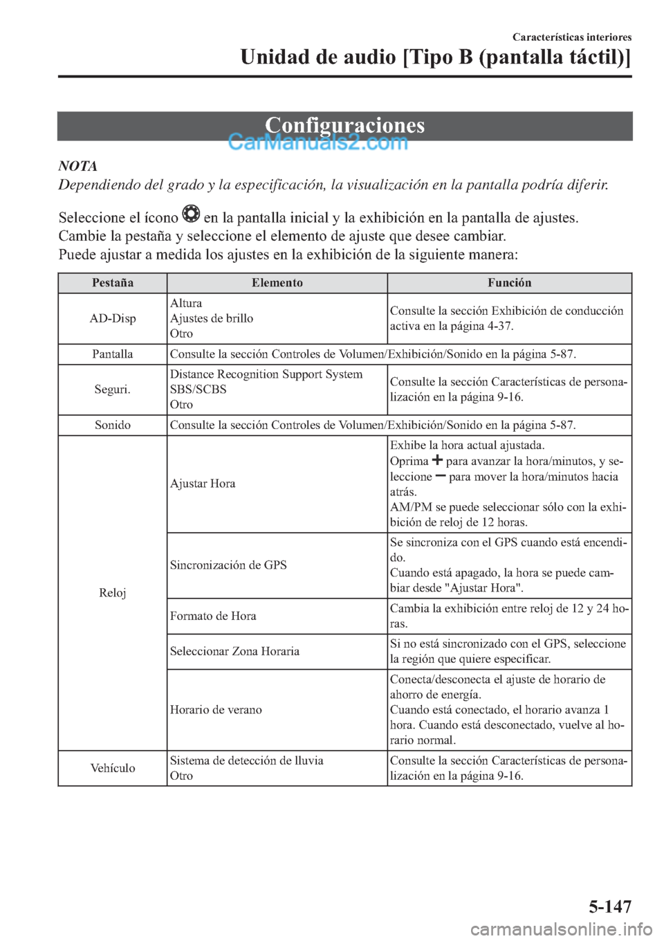 MAZDA MODEL 2 2019  Manual del propietario (in Spanish) �&�R�Q�I�L�J�X�U�D�F�L�R�Q�H�V
NOTA
Dependiendo del grado y la especificación, la visualización en la pantalla podría diferir.
�6�H�O�H�F�F�L�R�Q�H��H�O��t�F�R�Q�R�
��H�Q��O�D��S�D�Q�W�D�O�O�
