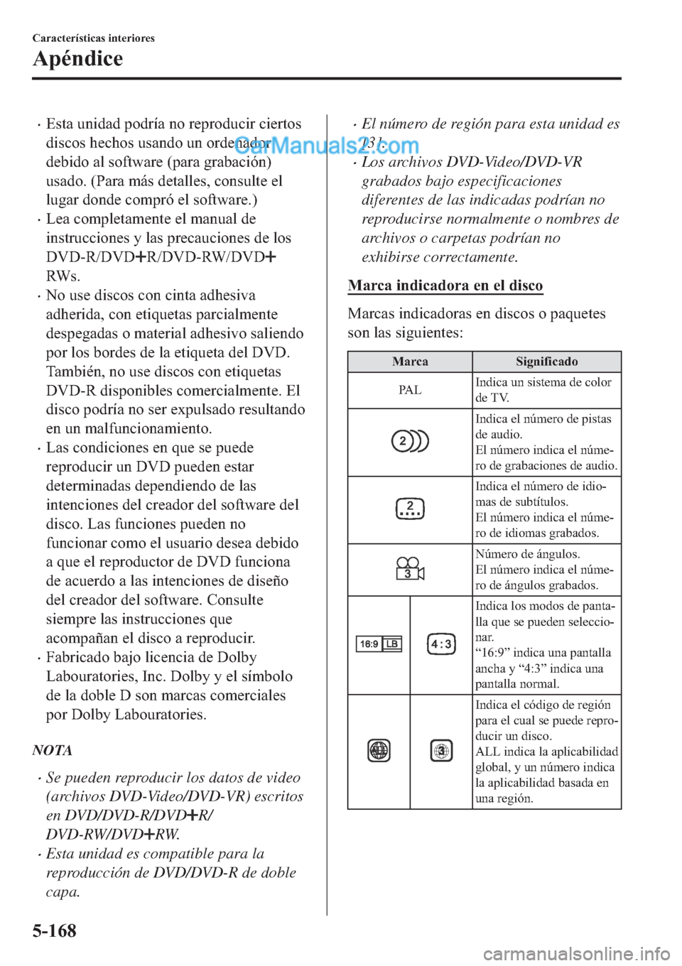 MAZDA MODEL 2 2019  Manual del propietario (in Spanish) �x�(�V�W�D��X�Q�L�G�D�G��S�R�G�U�t�D��Q�R��U�H�S�U�R�G�X�F�L�U��F�L�H�U�W�R�V
�G�L�V�F�R�V��K�H�F�K�R�V��X�V�D�Q�G�R��X�Q��R�U�G�H�Q�D�G�R�U
�G�H�E�L�G�R��D�O��V�R�I�W�Z�D�U�H���S�D�U�D�