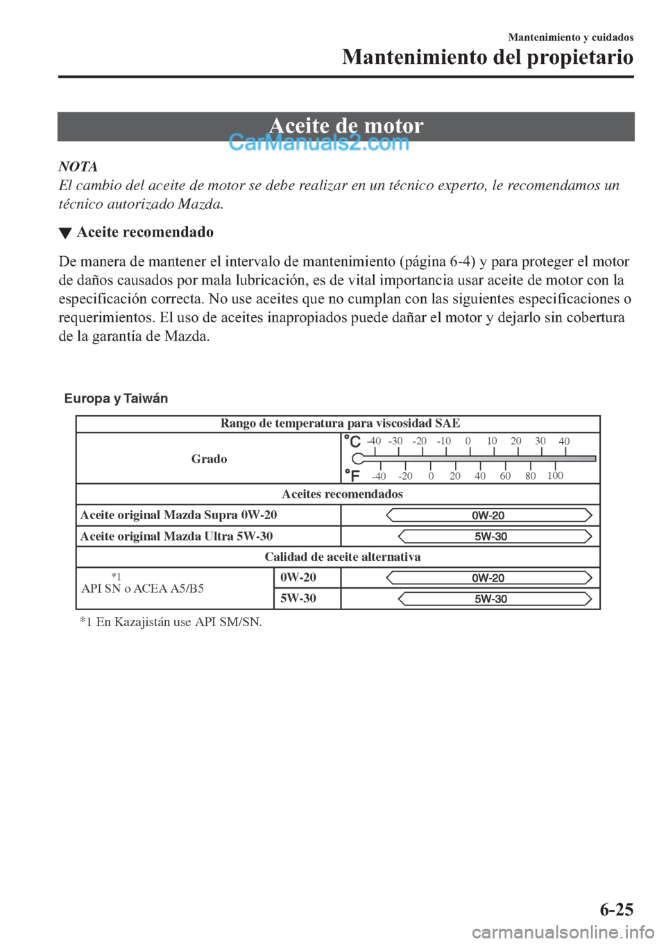 MAZDA MODEL 2 2019  Manual del propietario (in Spanish) �$�F�H�L�W�H��G�H��P�R�W�R�U
NOTA
El cambio del aceite de motor se debe realizar en un técnico experto, le recomendamos un
técnico autorizado Mazda.
▼�$�F�H�L�W�H��U�H�F�R�P�H�Q�G�D�G�R
��H��