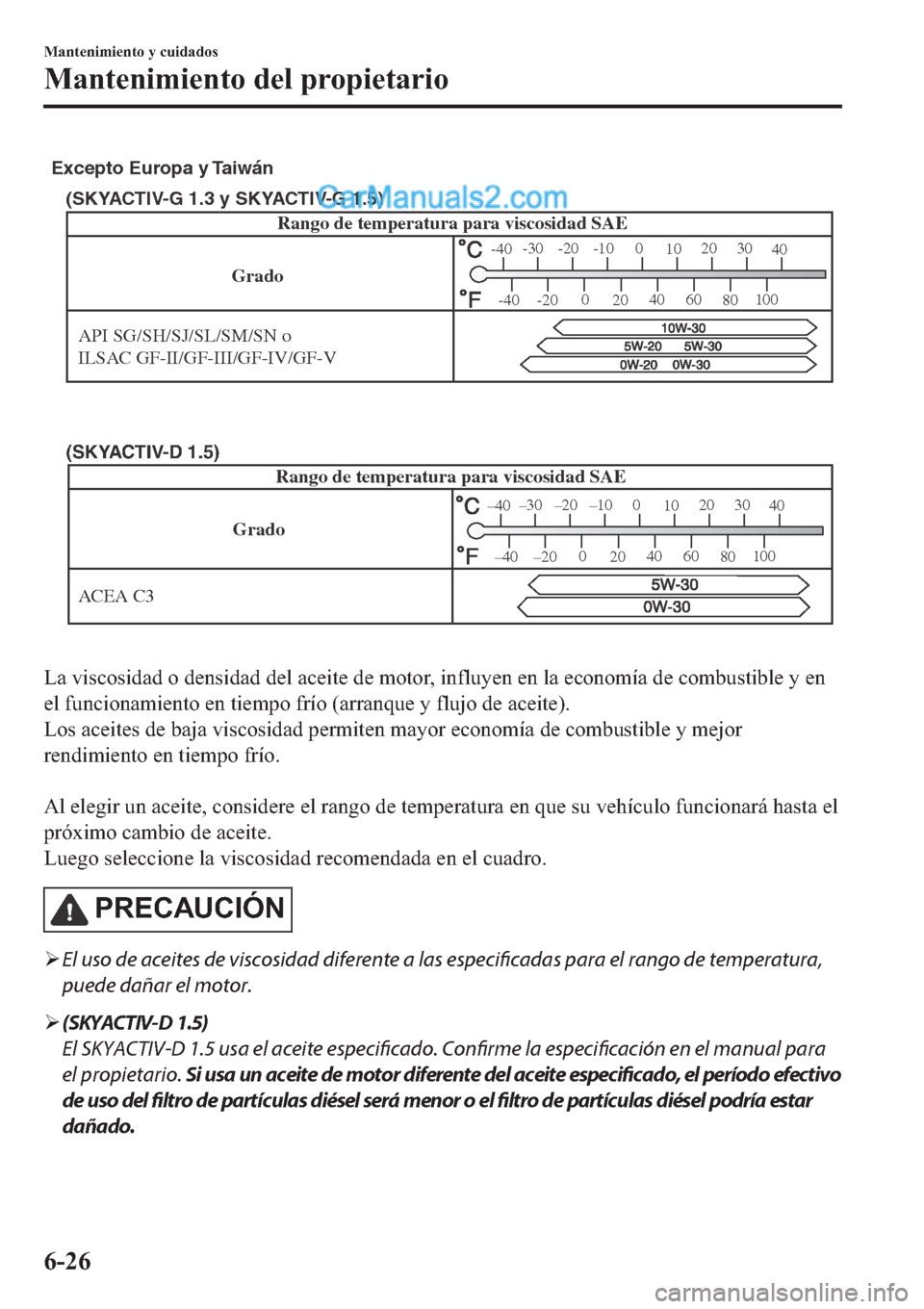 MAZDA MODEL 2 2019  Manual del propietario (in Spanish) Grado
API SG/SH/SJ/SL/SM/SN o 
ILSAC GF-II/GF-III/GF-IV/GF-V
(SKYACTIV-G 1.3 y SKYACTIV-G 1.5)
Rango de temperatura para viscosidad SAE
-30 -20 -10 0
1020 30
40
-200
2040
60
80100
-40
-40
Excepto Euro