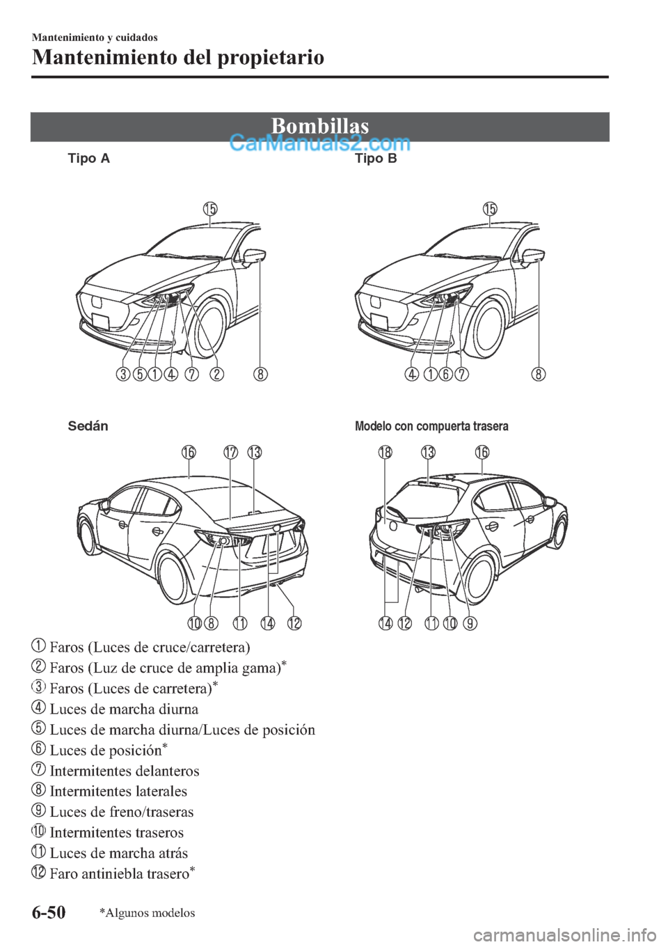 MAZDA MODEL 2 2019  Manual del propietario (in Spanish) �%�R�P�E�L�O�O�D�V
SedánModelo con compuerta trasera
Tipo A Tipo B
��)�D�U�R�V���/�X�F�H�V��G�H��F�U�X�F�H��F�D�U�U�H�W�H�U�D�
��)�D�U�R�V���/�X�]��G�H��F�U�X�F�H��G�H��D�P�S�O�L�D��J�