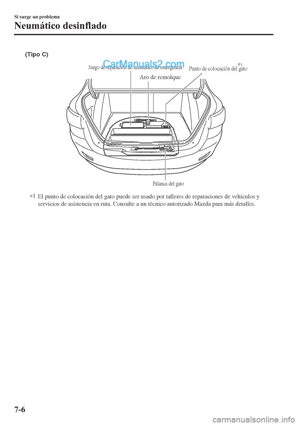 MAZDA MODEL 2 2019  Manual del propietario (in Spanish) (Tipo C)
Palanca del gato
Aro de remolque
Juego de reparación de neumático de emergenciaPunto de colocación del gato*1
*1
El punto de colocación del gato puede ser usado por talleres de reparacion