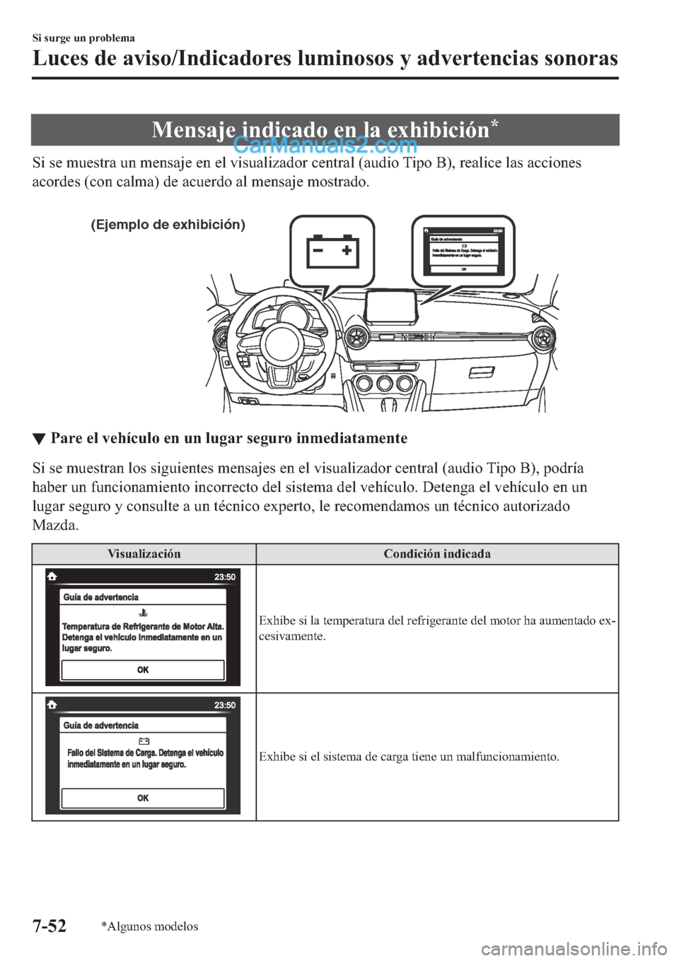 MAZDA MODEL 2 2019  Manual del propietario (in Spanish) �0�H�Q�V�D�M�H��L�Q�G�L�F�D�G�R��H�Q��O�D��H�[�K�L�E�L�F�L�y�Q�
�6�L��V�H��P�X�H�V�W�U�D��X�Q��P�H�Q�V�D�M�H��H�Q��H�O��Y�L�V�X�D�O�L�]�D�G�R�U��F�H�Q�W�U�D�O���D�X�G�L�R��7�L�S�R��%�