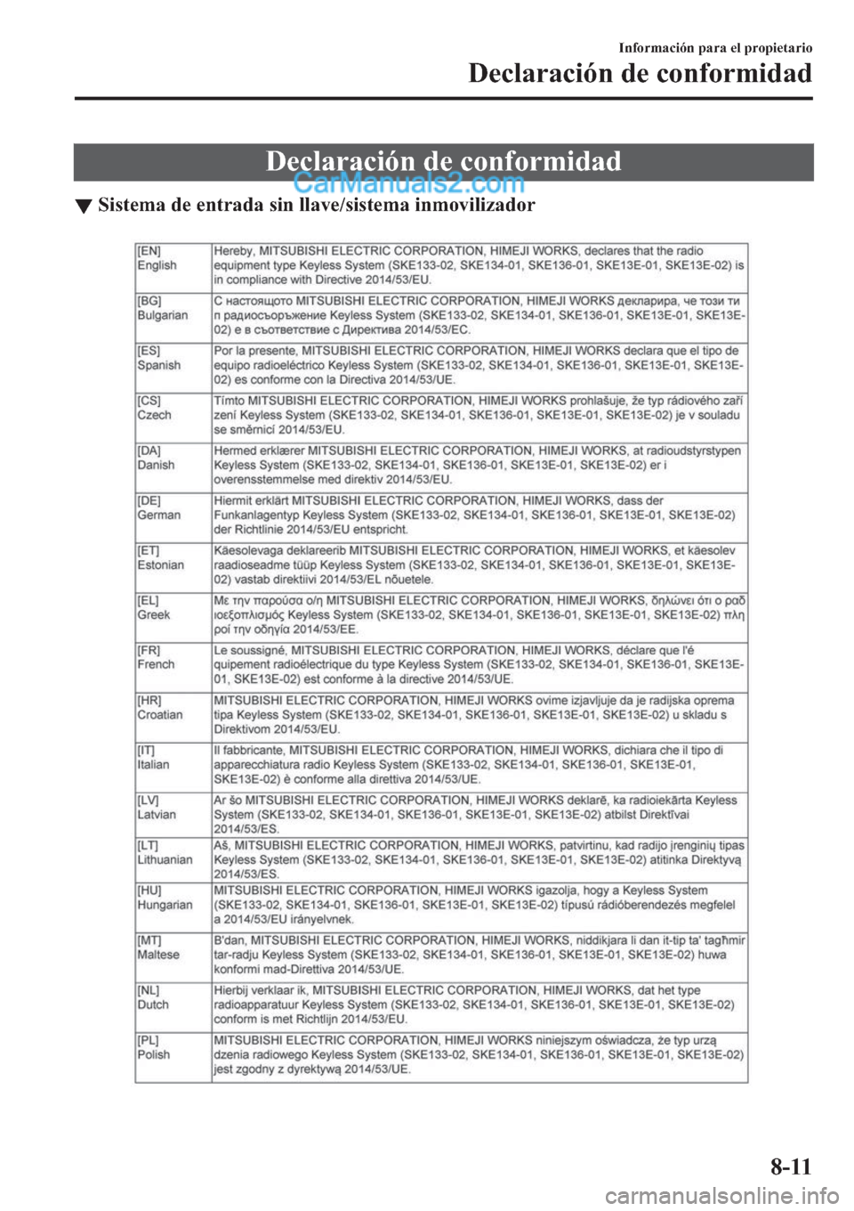 MAZDA MODEL 2 2019  Manual del propietario (in Spanish) ��H�F�O�D�U�D�F�L�y�Q��G�H��F�R�Q�I�R�U�P�L�G�D�G
▼�6�L�V�W�H�P�D��G�H��H�Q�W�U�D�G�D��V�L�Q��O�O�D�Y�H��V�L�V�W�H�P�D��L�Q�P�R�Y�L�O�L�]�D�G�R�U
�,�Q�I�R�U�P�D�F�L�y�Q��S�D�U�D��H�O��S�