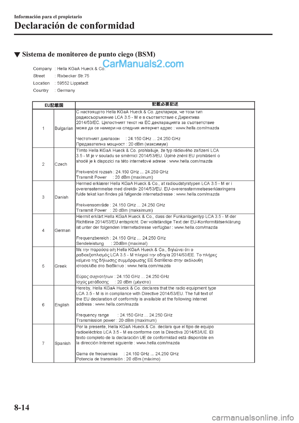 MAZDA MODEL 2 2019  Manual del propietario (in Spanish) ▼�6�L�V�W�H�P�D��G�H��P�R�Q�L�W�R�U�H�R��G�H��S�X�Q�W�R��F�L�H�J�R���%�6�0�
�,�Q�I�R�U�P�D�F�L�y�Q��S�D�U�D��H�O��S�U�R�S�L�H�W�D�U�L�R
��H�F�O�D�U�D�F�L�y�Q��G�H��F�R�Q�I�R�U�P�L�G�D�
