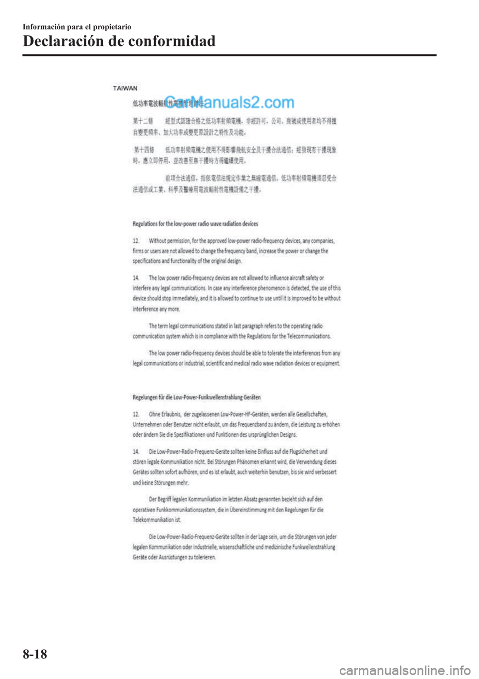 MAZDA MODEL 2 2019  Manual del propietario (in Spanish) �,�Q�I�R�U�P�D�F�L�y�Q��S�D�U�D��H�O��S�U�R�S�L�H�W�D�U�L�R
��H�F�O�D�U�D�F�L�y�Q��G�H��F�R�Q�I�R�U�P�L�G�D�G
����  