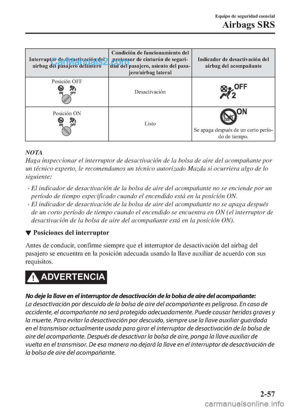 MAZDA MODEL 2 2019  Manual del propietario (in Spanish) �,�Q�W�H�U�U�X�S�W�R�U��G�H��G�H�V�D�F�W�L�Y�D�F�L�y�Q��G�H�O
�D�L�U�E�D�J��G�H�O��S�D�V�D�M�H�U�R��G�H�O�D�Q�W�H�U�R�&�R�Q�G�L�F�L�y�Q��G�H��I�X�Q�F�L�R�Q�D�P�L�H�Q�W�R��G�H�O
�S�U�H�W�H�Q�V