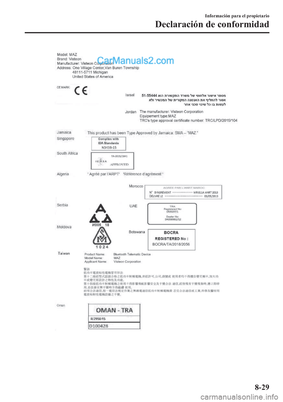 MAZDA MODEL 2 2019  Manual del propietario (in Spanish) �,�Q�I�R�U�P�D�F�L�y�Q��S�D�U�D��H�O��S�U�R�S�L�H�W�D�U�L�R
��H�F�O�D�U�D�F�L�y�Q��G�H��F�R�Q�I�R�U�P�L�G�D�G
����  
