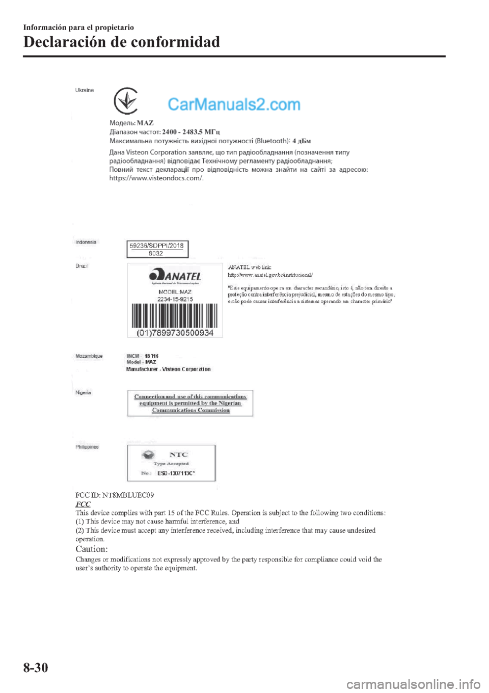 MAZDA MODEL 2 2019  Manual del propietario (in Spanish) �,�Q�I�R�U�P�D�F�L�y�Q��S�D�U�D��H�O��S�U�R�S�L�H�W�D�U�L�R
��H�F�O�D�U�D�F�L�y�Q��G�H��F�R�Q�I�R�U�P�L�G�D�G
����  