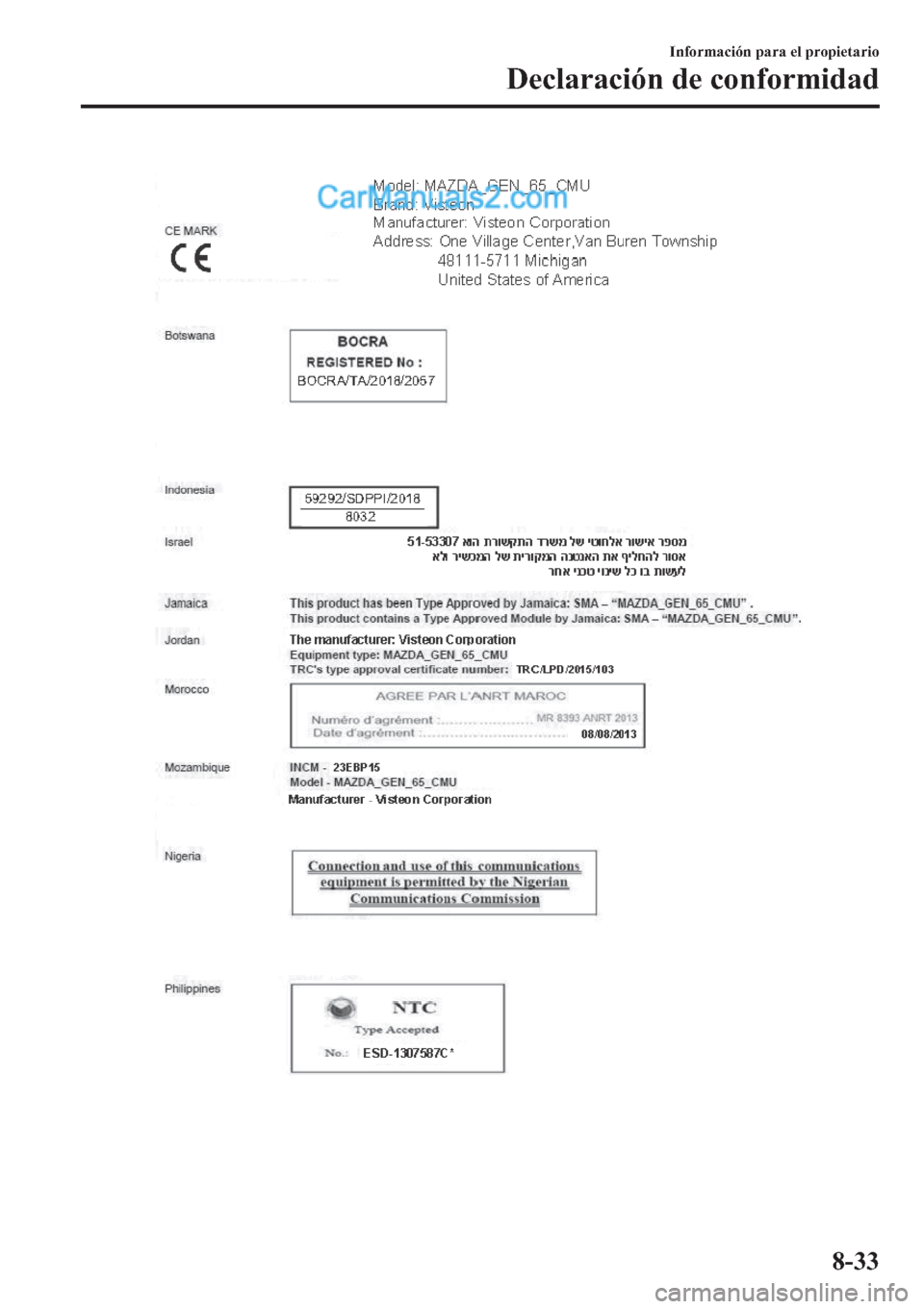 MAZDA MODEL 2 2019  Manual del propietario (in Spanish) �,�Q�I�R�U�P�D�F�L�y�Q��S�D�U�D��H�O��S�U�R�S�L�H�W�D�U�L�R
��H�F�O�D�U�D�F�L�y�Q��G�H��F�R�Q�I�R�U�P�L�G�D�G
����  