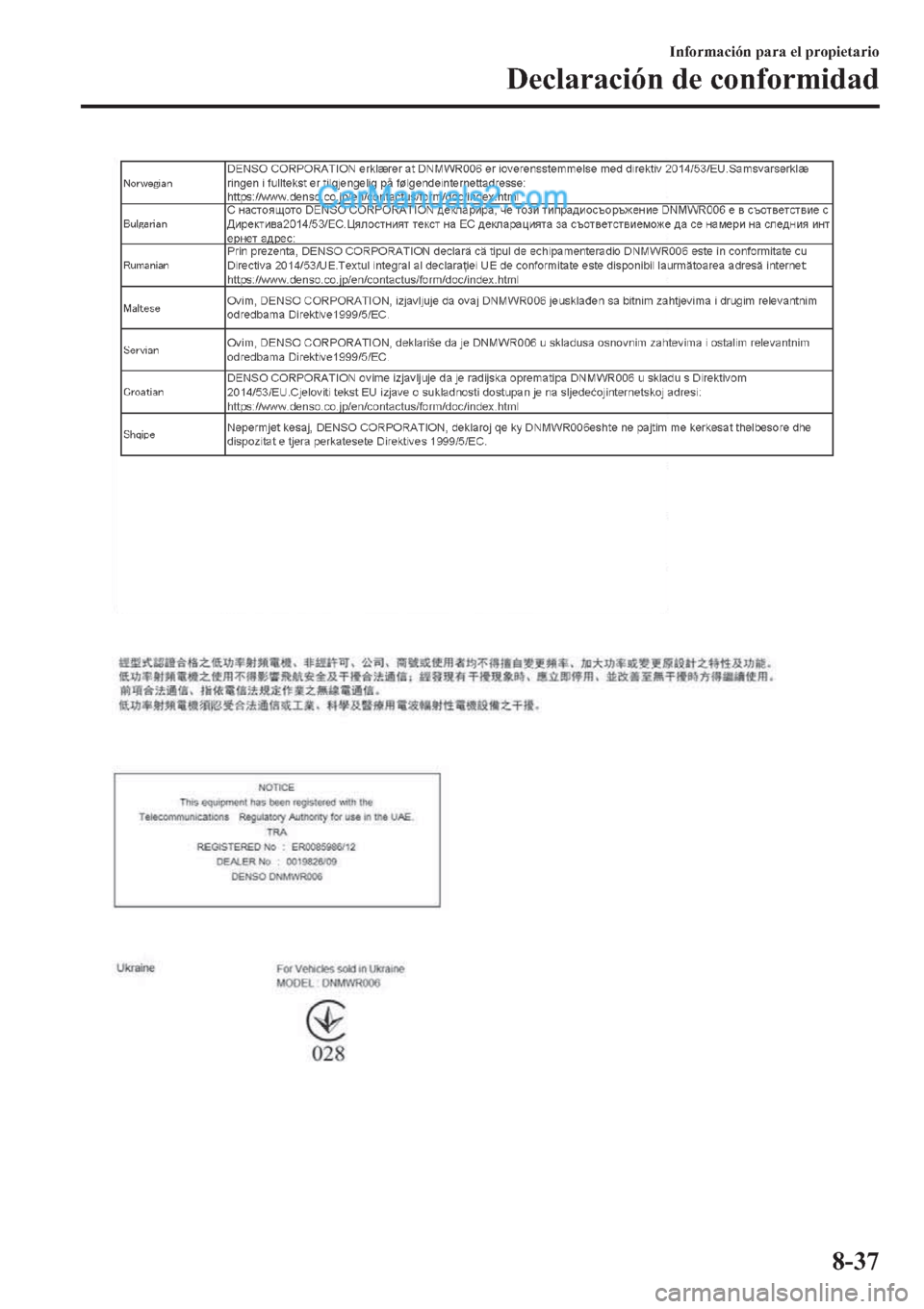 MAZDA MODEL 2 2019  Manual del propietario (in Spanish) �,�Q�I�R�U�P�D�F�L�y�Q��S�D�U�D��H�O��S�U�R�S�L�H�W�D�U�L�R
��H�F�O�D�U�D�F�L�y�Q��G�H��F�R�Q�I�R�U�P�L�G�D�G
����  