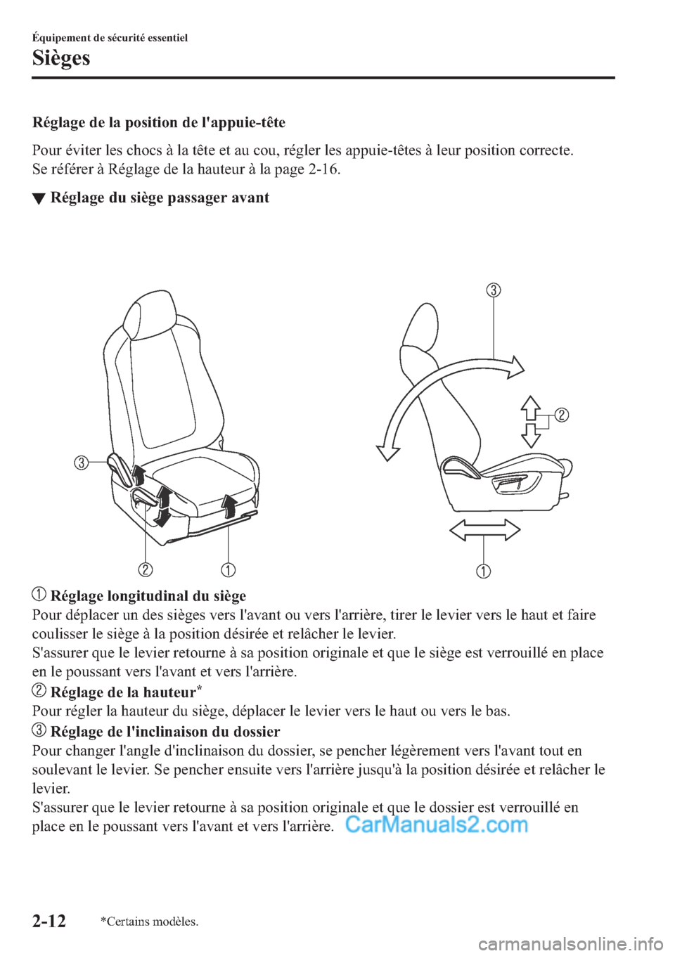 MAZDA MODEL 2 2019  Manuel du propriétaire (in French) �5�p�J�O�D�J�H��G�H��O�D��S�R�V�L�W�L�R�Q��G�H��O�
�D�S�S�X�L�H��W�r�W�H
�3�R�X�U��p�Y�L�W�H�U��O�H�V��F�K�R�F�V��j��O�D��W�r�W�H��H�W��D�X��F�R�X���U�p�J�O�H�U��O�H�V��D�S�S�X�L�H�