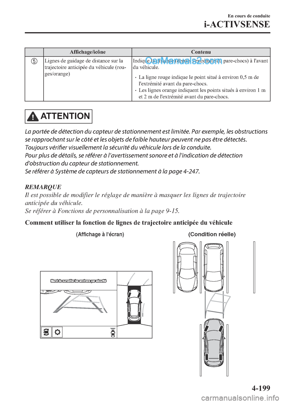 MAZDA MODEL 2 2019  Manuel du propriétaire (in French) �$�I�I�L�F�K�D�J�H��L�F�{�Q�H �&�R�Q�W�H�Q�X
�/�L�J�Q�H�V��G�H��J�X�L�G�D�J�H��G�H��G�L�V�W�D�Q�F�H��V�X�U��O�D
�W�U�D�M�H�F�W�R�L�U�H��D�Q�W�L�F�L�S�p�H��G�X��Y�p�K�L�F�X�O�H���U�R�X(
�J