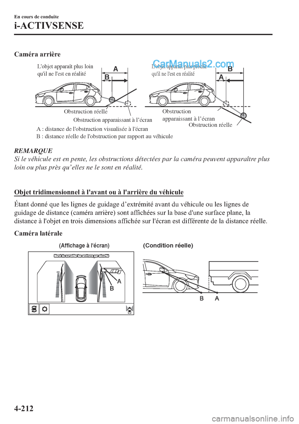 MAZDA MODEL 2 2019  Manuel du propriétaire (in French) �&�D�P�p�U�D��D�U�U�L�q�U�H
A AB
B
Obstruction réelle
Obstruction réelle
A : distance de lobstruction visualisée à lécran 
B : distance réelle de lobstruction par rapport au véhicule
Obstru