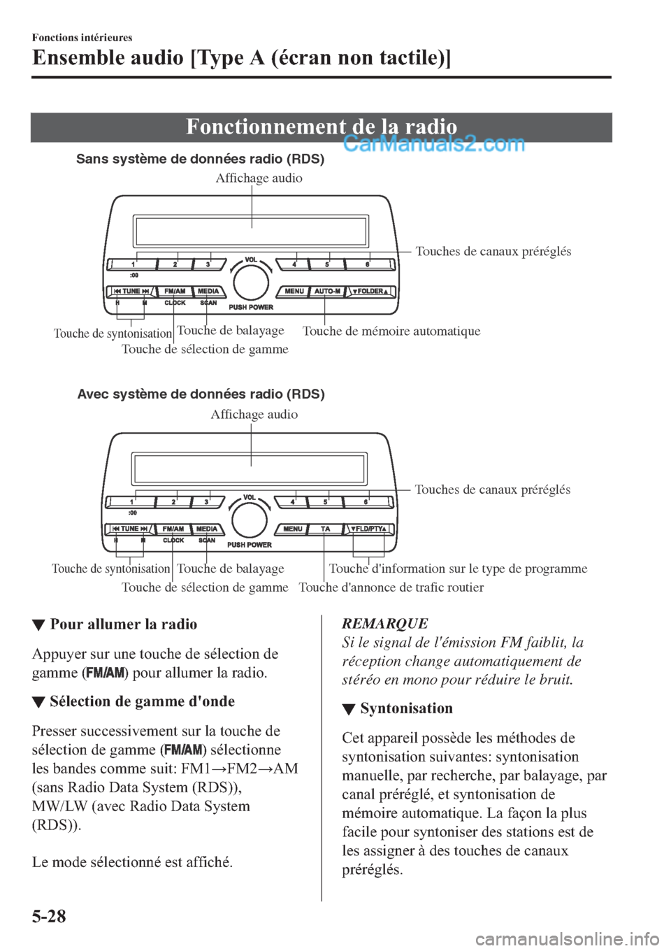 MAZDA MODEL 2 2019  Manuel du propriétaire (in French) �)�R�Q�F�W�L�R�Q�Q�H�P�H�Q�W��G�H��O�D��U�D�G�L�R
Sans système de données radio (RDS)
Avec système de données radio (RDS)
Touche de sélection de gamme Touche dannonce de trafic routierTouches