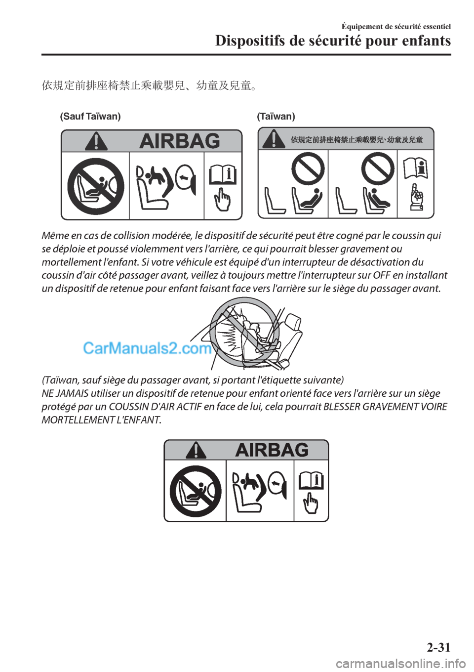MAZDA MODEL 2 2019  Manuel du propriétaire (in French) k0dS<ÙÔ&—F
 
(Sauf Taïwan) (Taïwan)
Même en cas de collision modérée, le dispositif de sécurité peut être cogné par le coussin qui
se déploie et poussé violemment vers larriè