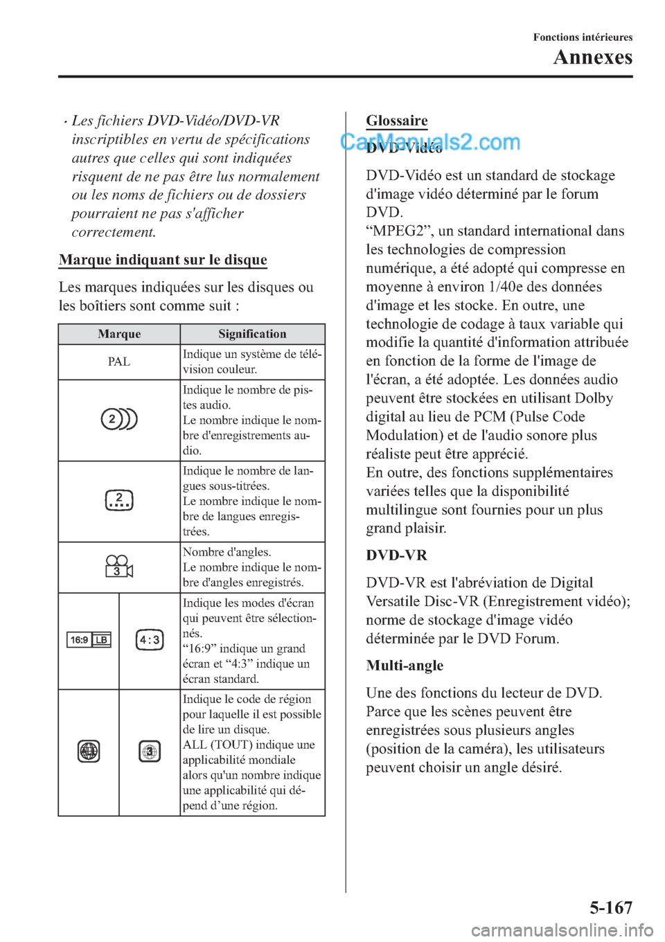 MAZDA MODEL 2 2019  Manuel du propriétaire (in French) �xLes fichiers DVD-Vidéo/DVD-VR
inscriptibles en vertu de spécifications
autres que celles qui sont indiquées
risquent de ne pas être lus normalement
ou les noms de fichiers ou de dossiers
pourrai