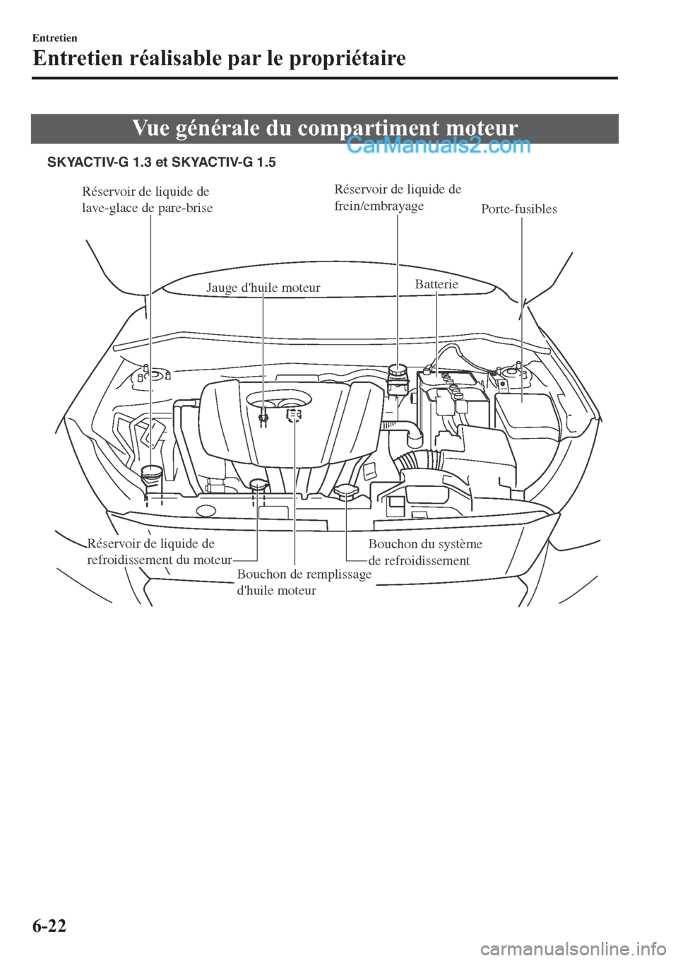 MAZDA MODEL 2 2019  Manuel du propriétaire (in French) �9�X�H��J�p�Q�p�U�D�O�H��G�X��F�R�P�S�D�U�W�L�P�H�Q�W��P�R�W�H�X�U
Réservoir de liquide de 
lave-glace de pare-briseRéservoir de liquide de 
frein/embrayage
Jauge dhuile moteurBatterie
Porte-fu