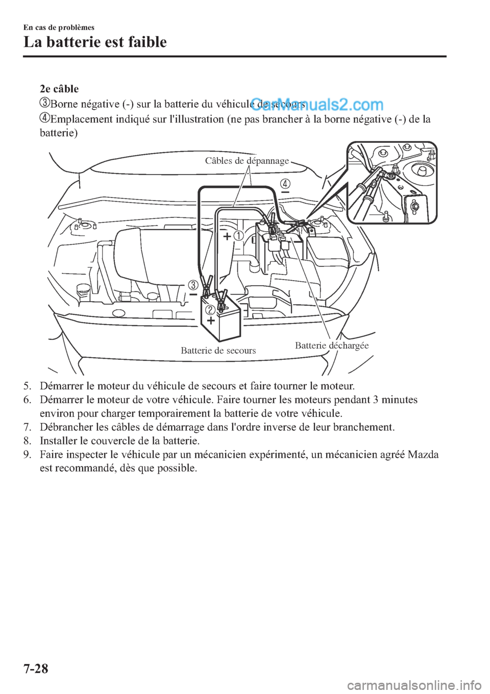 MAZDA MODEL 2 2019  Manuel du propriétaire (in French) ��H��F�k�E�O�H
�%�R�U�Q�H��Q�p�J�D�W�L�Y�H������V�X�U��O�D��E�D�W�W�H�U�L�H��G�X��Y�p�K�L�F�X�O�H��G�H��V�H�F�R�X�U�V
�(�P�S�O�D�F�H�P�H�Q�W��L�Q�G�L�T�X�p��V�X�U��O�
�L�O�O�X�V�W�U�D