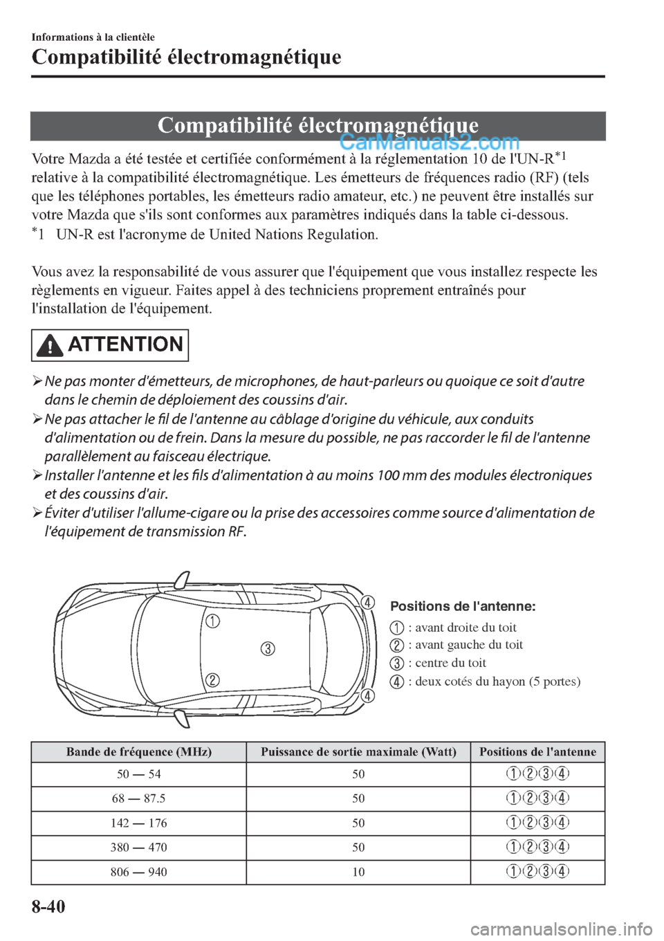 MAZDA MODEL 2 2019  Manuel du propriétaire (in French) �&�R�P�S�D�W�L�E�L�O�L�W�p��p�O�H�F�W�U�R�P�D�J�Q�p�W�L�T�X�H
�9�R�W�U�H��0�D�]�G�D��D��p�W�p��W�H�V�W�p�H��H�W��F�H�U�W�L�I�L�p�H��F�R�Q�I�R�U�P�p�P�H�Q�W��j��O�D��U�p�J�O�H�P�H�Q�W�D�W�L�