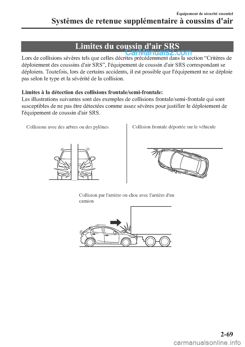 MAZDA MODEL 2 2019  Manuel du propriétaire (in French) �/�L�P�L�W�H�V��G�X��F�R�X�V�V�L�Q��G�
�D�L�U��6�5�6
�/�R�U�V��G�H��F�R�O�O�L�V�L�R�Q�V��V�p�Y�q�U�H�V��W�H�O�V��T�X�H��F�H�O�O�H�V��G�p�F�U�L�W�H�V��S�U�p�F�p�G�H�P�P�H�Q�W��G�D�Q�V��O�
