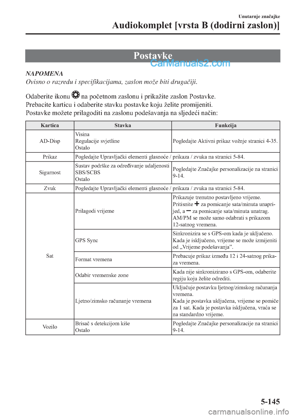 MAZDA MODEL 2 2019  Upute za uporabu (in Crotian) �3�R�V�W�D�Y�N�H
NAPOMENA
Ovisno o razredu i specifikacijama, zaslon može biti druga�þiji.
�2�G�D�E�H�U�L�W�H��L�N�R�Q�X�
��Q�D��S�R�
