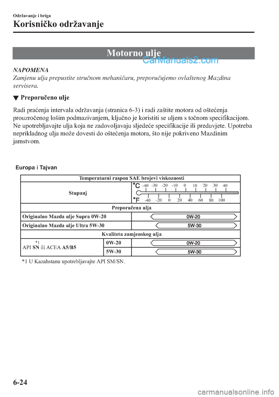 MAZDA MODEL 2 2019  Upute za uporabu (in Crotian) �0�R�W�R�U�Q�R��X�O�M�H
NAPOMENA
Zamjenu ulja prepustite stru�þnom mehani�þaru, preporu�þujemo ovlaštenog Mazdina
servisera.
▼�3�U�H�S�R�U�X�