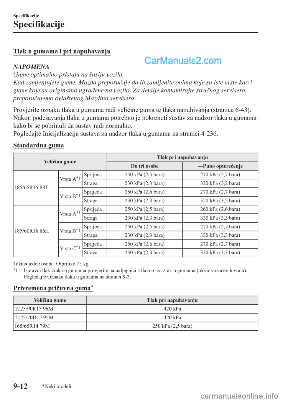 MAZDA MODEL 2 2019  Upute za uporabu (in Crotian) �7�O�D�N��X��J�X�P�D�P�D��L��S�U�L��Q�D�S�X�K�D�Y�D�Q�M�X
NAPOMENA
Gume optimalno pristaju na šasiju vozila.
Kad zamjenjujete gume, Mazda preporu�þuje da ih zamijenite onima koje su iste vrste 