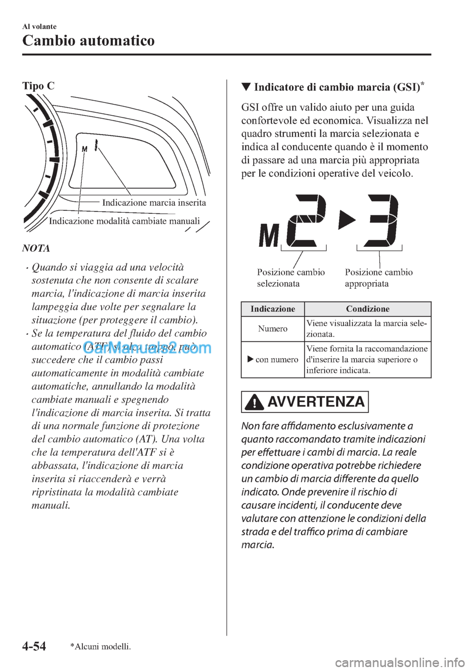 MAZDA MODEL 2 2019  Manuale del proprietario (in Italian) �7�L�S�R��&
Indicazione modalità cambiate manuali
Indicazione marcia inserita
NOTA
�xQuando si viaggia ad una velocità
sostenuta che non consente di scalare
marcia, lindicazione di marcia inserita