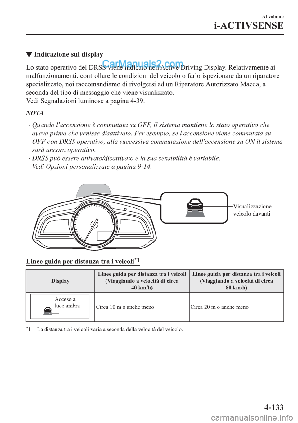 MAZDA MODEL 2 2019  Manuale del proprietario (in Italian) ▼�,�Q�G�L�F�D�]�L�R�Q�H��V�X�O��G�L�V�S�O�D�\
�/�R��V�W�D�W�R��R�S�H�U�D�W�L�Y�R��G�H�O���5�6�6��Y�L�H�Q�H��L�Q�G�L�F�D�W�R��Q�H�O�O�
�$�F�W�L�Y�H���U�L�Y�L�Q�J���L�V�S�O�D�\���5�H�O