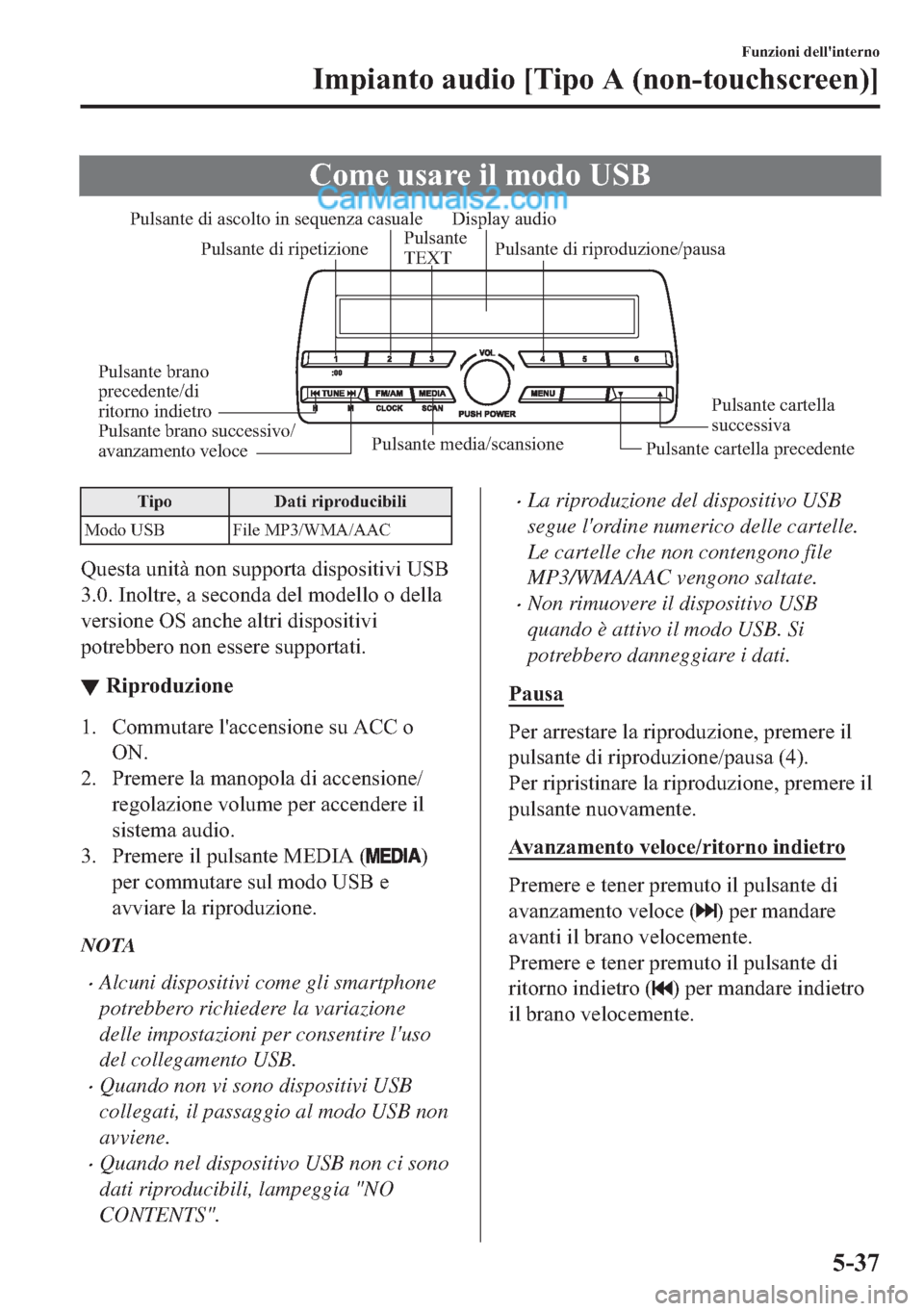 MAZDA MODEL 2 2019  Manuale del proprietario (in Italian) �&�R�P�H��X�V�D�U�H��L�O��P�R�G�R��8�6�%
Pulsante media/scansione
Pulsante cartella precedentePulsante cartella 
successiva Pulsante di riproduzione/pausa Pulsante di ascolto in sequenza casuale
P