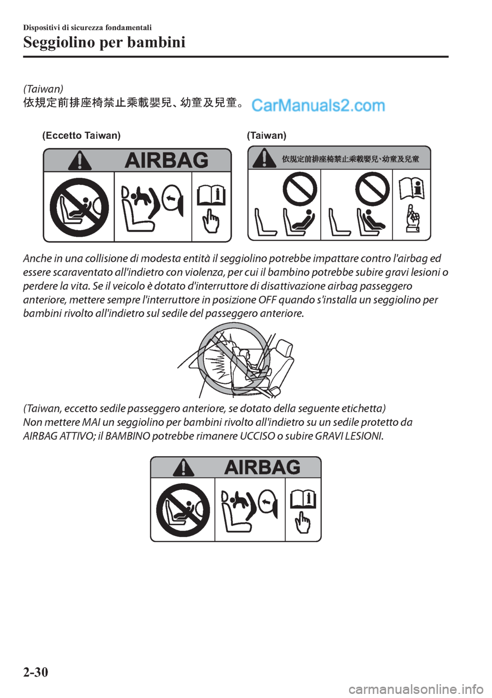 MAZDA MODEL 2 2019  Manuale del proprietario (in Italian) (Taiwan)
k0dS<ÙÔ&—F
 
(Eccetto Taiwan) (Taiwan)
Anche in una collisione di modesta entità il seggiolino potrebbe impattare contro lairbag ed
essere scaraventato allindietro con violenz