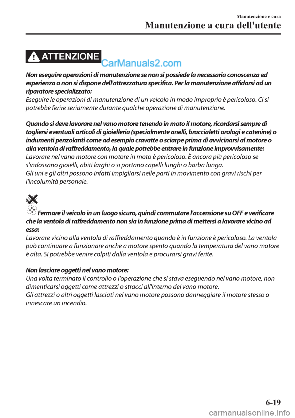 MAZDA MODEL 2 2019  Manuale del proprietario (in Italian) ATTENZIONE
Non eseguire operazioni di manutenzione se non si possiede la necessaria conoscenza ed
esperienza o non si dispone dellattrezzatura specifica. Per la manutenzione affidarsi ad un
riparator