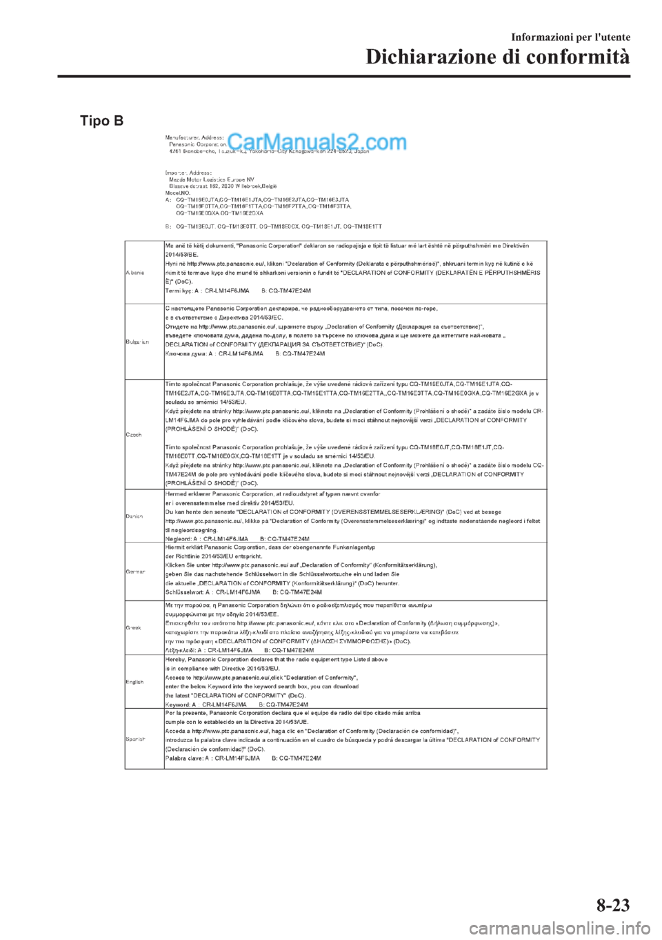 MAZDA MODEL 2 2019  Manuale del proprietario (in Italian) Tipo B
�,�Q�I�R�U�P�D�]�L�R�Q�L��S�H�U��O�
�X�W�H�Q�W�H
��L�F�K�L�D�U�D�]�L�R�Q�H��G�L��F�R�Q�I�R�U�P�L�W�j
����  